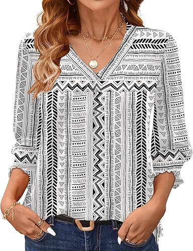 Women's Three-Quarter Sleeve Top, Summer Fashion V-Neck Business Casual Shirt, Gathered Shirt